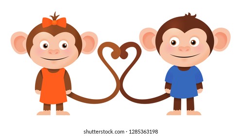 Cute romantic monkey couple, Valentines day cartoon isolated vector illustration
