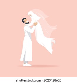 Cute Romantic Muslim Couple Cartoon Character, Man Lifting Up Woman, Muslim Wedding, Happy Couple