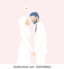 Cute Romantic Muslim Wedding Couple Holding Hands Contented and Happy in Their Wedding Moment