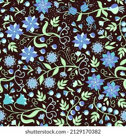 Cute romantic natural ditsy pattern with flowers in blue color scheme, berries, green leaves and small white spots isolated on black background. Beautiful fabric for a dress.