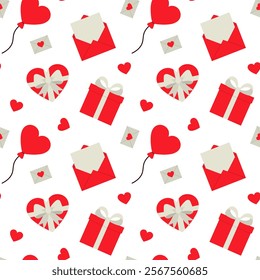 Cute romantic objects like hearts, red balloons, gift box and envelopes on light background
