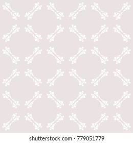 Cute romantic ornamental seamless pattern with carved shapes, delicate grid, lace. Abstract geometric background in soft pastel colors, pallid pink and white. Elegant subtle texture. Decorative design