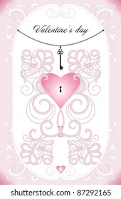 Cute romantic ornate background with pink heart and key