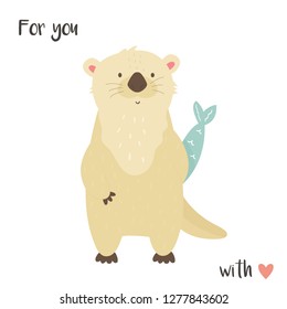 Cute romantic otter with a fish. Greeting card. For you with love