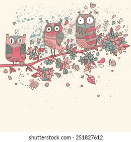 Cute romantic owls on branch in flowers. Spring concept background. Stylish illustration, can be used as invitation card. Vector summer wallpaper