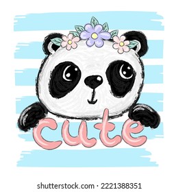 Cute romantic panda with wreath of flowers. Vector hand drawn illustration.