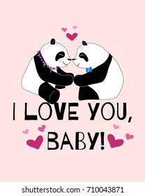 Cute and romantic pandas sit together card. Doodle hand drawn style. Vector illustration.