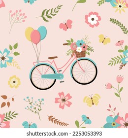 Cute romantic pattern with bicycles, flowers, and leaves on pink background. Cute spring design.