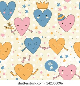 Cute romantic pattern with hearts in love. Colorful hearts background. Wedding or birthday background. Vector illustration