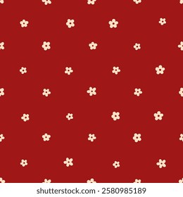 Cute romantic pattern. Small beige flowers on dark red background. Cute vector seamless texture. Template for wrapping paper or textile