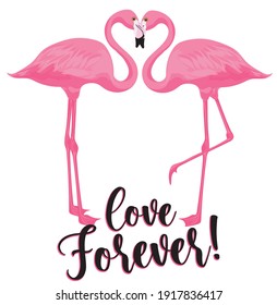 Cute romantic pink flamingo print with love forever slogan for girls and kids summer tee t shirt or sticker