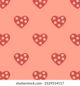 cute romantic pink hearts pattern with little daisies on a pink background