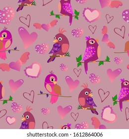 Cute romantic pink vector seamless pattern with cute birds and hearts.