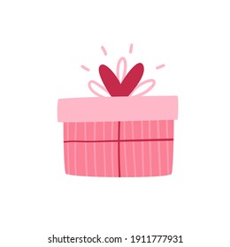 Cute, romantic pink wrapped gift box for Valentine's day or borthday isolated on a white background. Festive box with heart. Flat cartoon vector illustration.