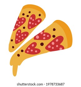 Cute romantic pizza with heart shapes peperoni.Vector hand drawn illustration.