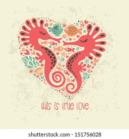 Cute Romantic Postcard. Cute Sea Horses And Fish.