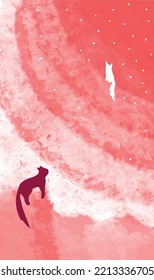 Cute romantic red background with stars and cats silhouette. Textured aquarelle vector wallpaper vertical with white and dark red feline cute