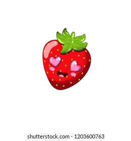 Cute and romantic red strawberry, with eyes in the form of hearts, green leaves, is smiling, cartoon style, vector illustration isolated on white background