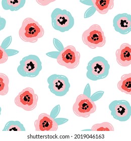 Cute romantic seamless pattern with abstract flowers and leaves in blue pink colors. Modern flat style, memphis design. Hand drawn vector illustration. Texture for print, fabric, textile, wallpaper.