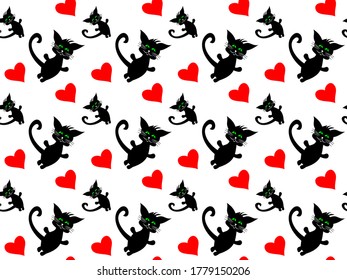 Cute romantic seamless pattern with black cats ans hearts