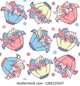 Cute romantic seamless pattern with a bowl of berries. Vector background, pastel colors in vintage flat style. 