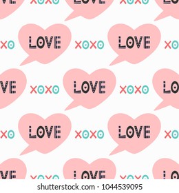 Cute romantic seamless pattern. Bubble speech in the shape of heart with text Love and abbreviation Xoxo. Pink, black, blue, white, purple. Endless cartoon vector illustration for children.