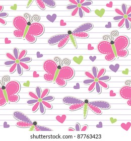 cute romantic seamless pattern with butterflies, dragonflies and flowers