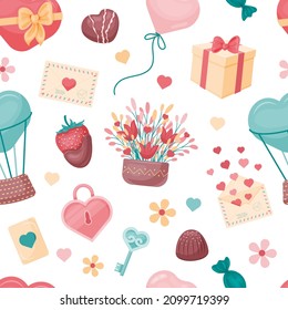 Trato romántico sin costura. estilo de dibujos animados. Ilustración vectorial. Textura de día valentina interminable.