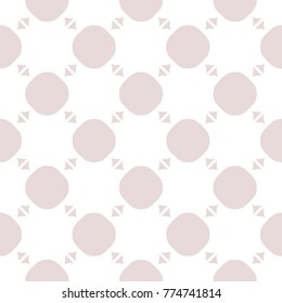 Cute romantic seamless pattern with circles and small triangles. Modern abstract geometric background in soft pastel colors, pallid pink and white. Subtle modern texture. Design for decoration, paper
