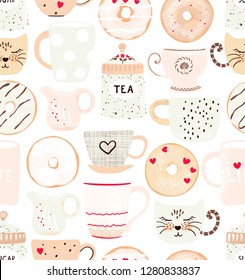 Cute romantic seamless pattern with coffee and tea cups, glazed donuts and hearts. Vector background pastel colors in vintage flat style.