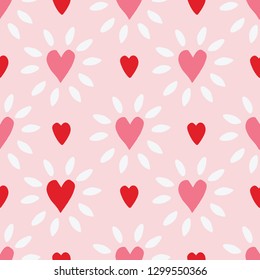 Cute, romantic seamless pattern design of pretty cartoon hearts.  Pink, red and white, perfect for Valentines Day, weddings, engagements, paper items, textiles, invitations and scrapbooking. Vector.