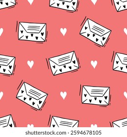 cute romantic seamless pattern with doodle style love letter envelope with heart on coral color background