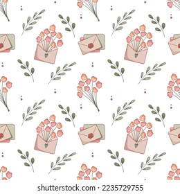 Cute and romantic seamless pattern with envelopes and flowers. Vector illustration