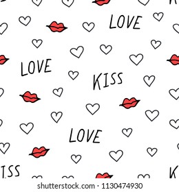 Cute romantic seamless pattern of hand drawn doodle elements on white background. Lips, hearts, words love, kiss. Vector illustration