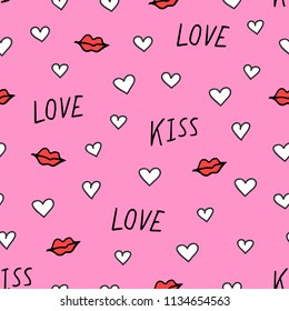 Cute romantic seamless pattern of hand drawn doodle elements on pink background. Lips, hearts, words love, kiss. Vector illustration