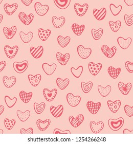 Cute romantic seamless pattern. Hand drawn hearts. Endless pastel pink girlish print. Girly vector illustration for wallpaper, pattern fills, web page background, surface texture. Valentine's Day card