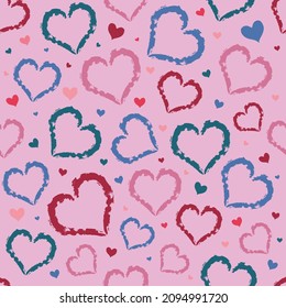 Cute romantic seamless pattern with hearts on a pink background. For textile, wrapping paper, cover, package design. Holiday vector illustration.