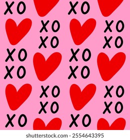 Cute romantic seamless pattern with hearts on a pink background. Vector hand drawn illustration.