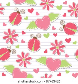cute romantic seamless pattern with ladybugs, hearts and flowers