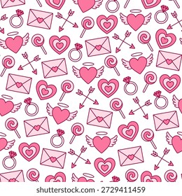 Lindo patrón romántico sin fisuras con iconos de amor, corazones, flechas de Cupido y caramelo, fondo de arte de línea rosa para el embalaje, textil, envoltura de regalo y diseño de Boda.