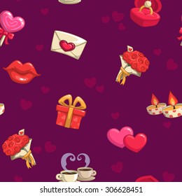 Cute romantic seamless pattern with love end passion icons on the purple background, vector texture