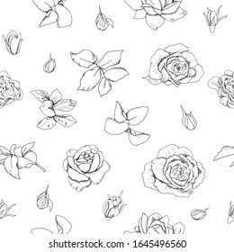 Cute romantic seamless pattern with outline of roses. Vector illustration. Suitable for weddings, lovers, for Valentine's Day and for any occasion.