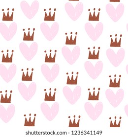 Cute romantic seamless pattern. Repeated striped hearts with crowns and dots. Drawn by hand. Endless girlish print. Girly vector illustration.