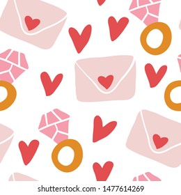 Cute romantic seamless pattern. Repeated hearts with diamond rings, love letters. Drawn by hand. Endless girlish print. Girly vector illustration. - Vector