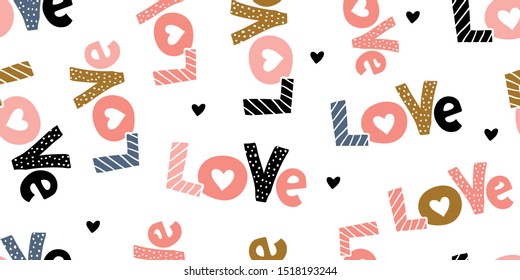 Cute romantic seamless pattern. Repeated love hand lettering with hearts. Endless girlish print. Girly vector illustration.