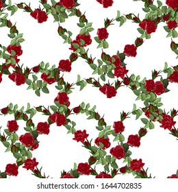 Cute romantic seamless pattern with roses and hearts. Vector illustration. Suitable for weddings, lovers, for Valentine's Day and for any occasion.