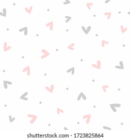 Cute romantic seamless pattern. Simple endless print with scattered small hearts and dots. Vector illustration.