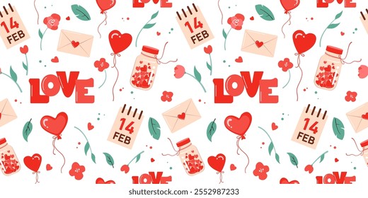 Cute Romantic seamless pattern for Valentine's day. Balloons, Love, Flowers, Calendar, Envelope, Jar with Hearts. Trendy modern vector illustrationfor postcards, fabric, cover, package, wrapping