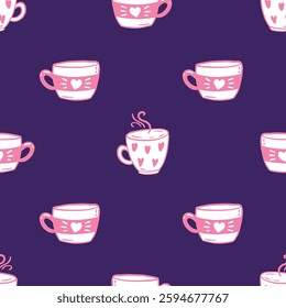 cute romantic seamless pattern of white cups of coffee with pink hearts on violet background