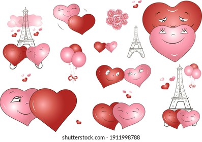 Geräumiges, romantisches Set mit Figuren aus dem Herzen. Liebe, Date, Hochzeit. Vektorgrafik.